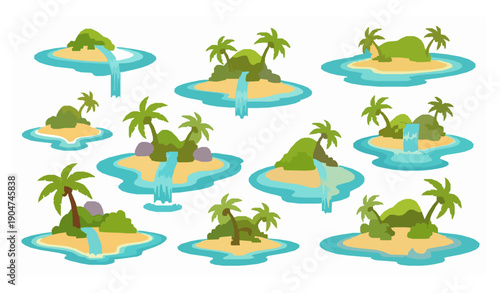 Cartoon tropical islands collection with exotic beaches palm trees and ocean landscape vector set