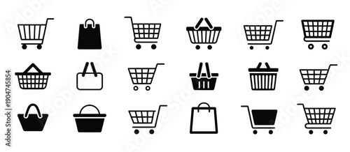 Shop cart, bag, and basket vector icons illustrating e-commerce, online shopping, buying, and retail store interactions