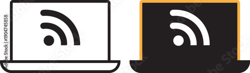 RSS feed icon on computer screen and laptop screen. screen wifi. News update, blog subscription symbol. Internet computer icon on transparent background
