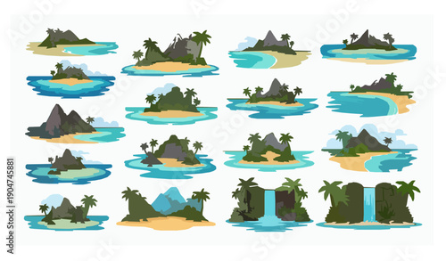 Panoramic tropical seaside islands with mountains palms and waterfalls summer travel vector collection