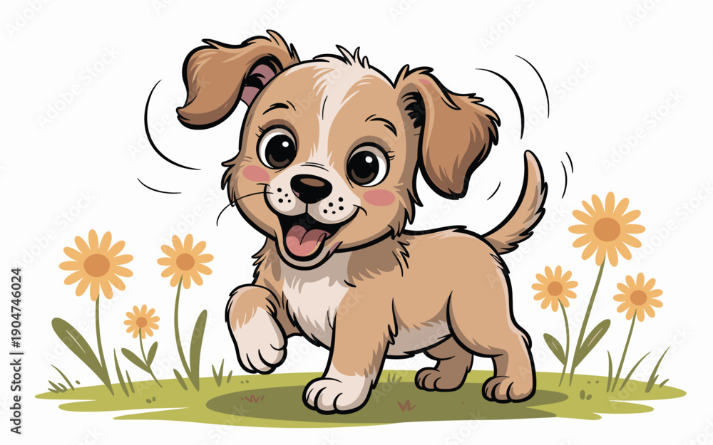Obraz premium A playful cartoon puppy running in a field of flowers with a joyful expression
