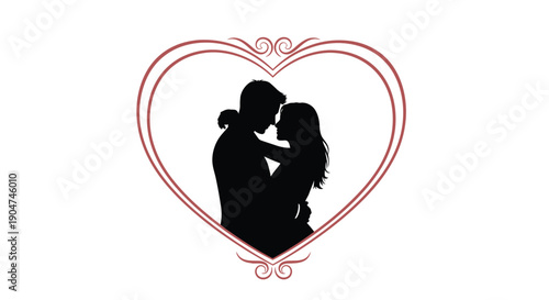 Couple embracing within a heart frame a romantic silhouette