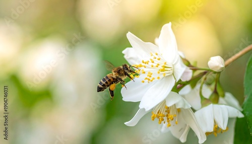 A Bee Collecting Nectar from a White Jasmine Flower in Bloom.