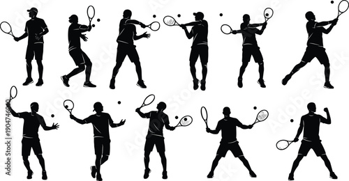 Tennis player silhouette icon set, racket swing, forehand shot, backhand motion, serve technique, ball strike, athletic sport, competition, training, vector illustration, black pictogram