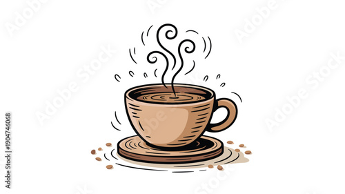 A vector graphic illustration of a steaming cup of coffee on a saucer with coffee beans scattered around it