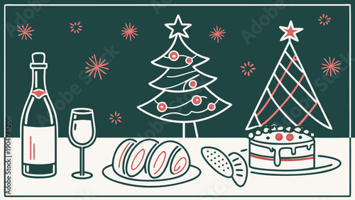 Chalkboard style illustration of a festive christmas dinner with wine, cakes and trees.