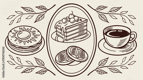 Hand drawn sketch of various bakery items including a cake donut coffee and cookies with leaves.