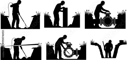 Set of utility worker silhouettes installing pipes and valves in trenches, industrial plumbing and civil engineering construction service concepts