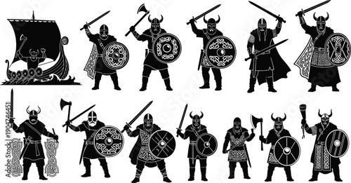 Viking warrior silhouettes, Viking ship illustration, horned helmet warriors, battle poses, swords and shields, Norse culture, historic Viking artwork
