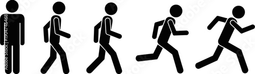 Black stick figure sequence showing stages of movement from standing and walking to running, human motion evolution and fitness concept