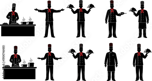 Set of professional chef silhouettes in various poses cooking serving and welcoming, restaurant staff culinary service icons on white background