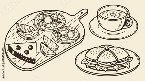 Minimalist vintage line art illustration of a meal with dessert sandwich and a bowl of soup