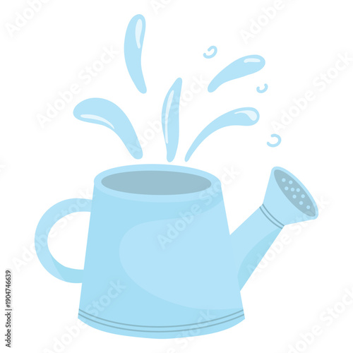 Watering Can with water splashes Illustration, Garden Tool Vector. Blue Watering Can Illustration, Plant Care Icon. Garden Watering Vector
