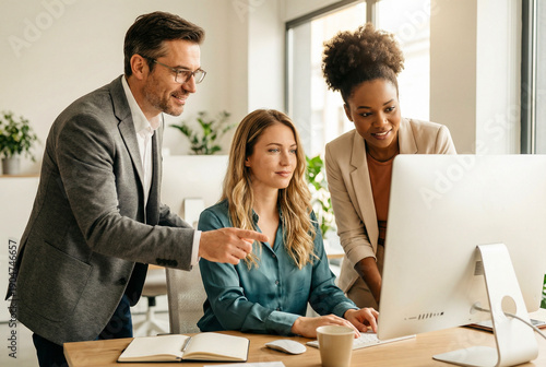 Business Colleagues Collaborating on Desktop Computer in Modern Office