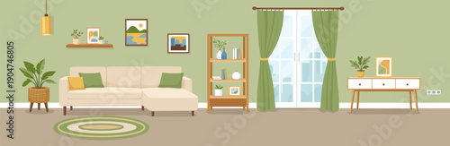 Modern flat vector living room interior with sofa, shelves, plants, curtains and decor. Cozy home scene in natural green tones, Scandinavian style illustration.