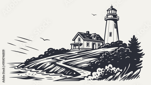 Vintage woodcut illustration of a lighthouse and cottage on a coastal cliff by the sea.