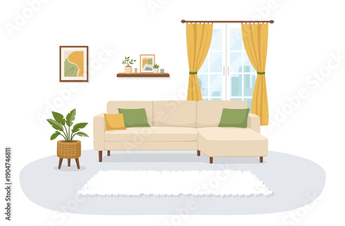 Modern cozy living room interior with beige sectional sofa, yellow curtains, houseplants and wall decor. Minimal flat vector illustration of stylish home design with copy space.