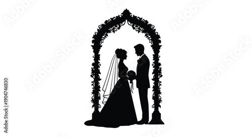 Romantic wedding couple standing under an ornate archway silhouette