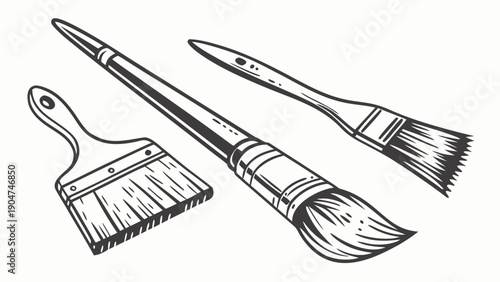 Vintage hand drawn engraving illustration of three different artistic paintbrushes on white background
