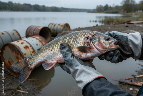 An environmentalist holding up a dead fish with cancerous skin lesion due to polluted waters cause by illegal toxic waste dumping into a lake as several empty chemical drum containers lay by the shore