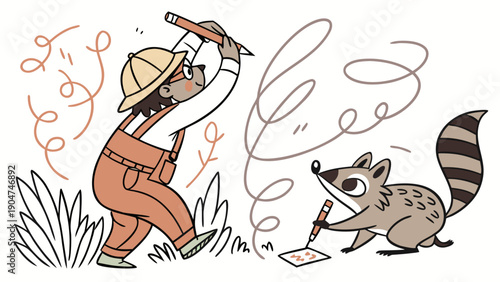A whimsical cartoon illustration of an explorer in a pith helmet and a raccoon chasing swirls.
