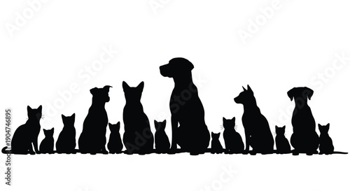 A collection of cats and dogs shown in dark outline silhouette