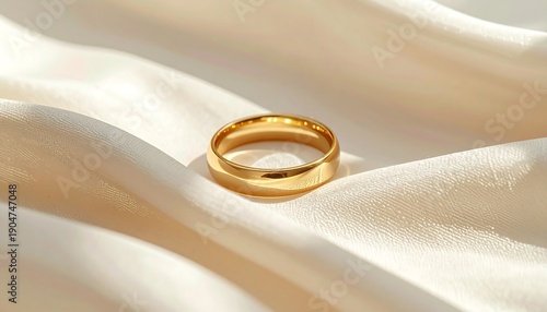 Elegant Gold Wedding Ring on Luxurious Silk Fabric.