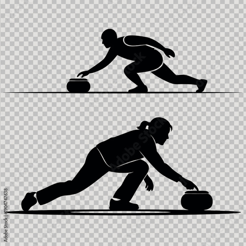 Curling player silhouettes in action on ice rink with stone