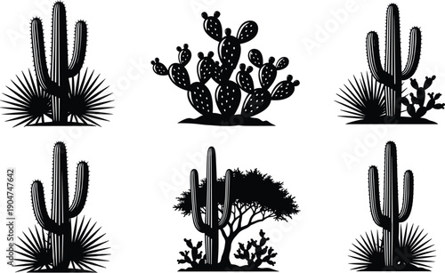 Desert cactus silhouette set, saguaro and prickly pear plant icons, succulent nature landscape elements, dry wild west vegetation vector, cad drawing flat vector illustration