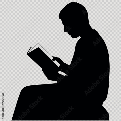 Silhouette of a person reading a book in a quiet moment of solitude and introspection with a transparent background