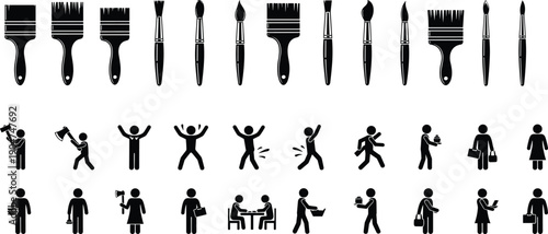 Artist paintbrushes and stick figure person silhouette set, creative people working and painting icons, professional brush collection black flat vector, cad drawing flat vector illustration