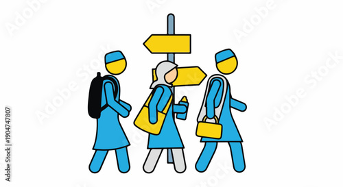 Diverse group of people walking towards different directions at a crossroads signpost, symbolizing choices and opportunities