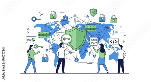 Illustration of business people discussing cybersecurity icons and symbols around a world map on Safer Internet Day for online safety awareness.