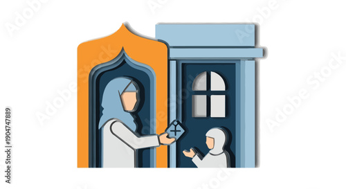 Muslim woman in hijab giving small gift to child in front of mosque or house, Islamic culture, Ramadan, Eid celebration