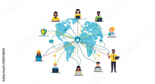 Vector illustration of people icons connected around a blue world map with cybersecurity symbols on Safer Internet Day for online safety awareness and business network security.