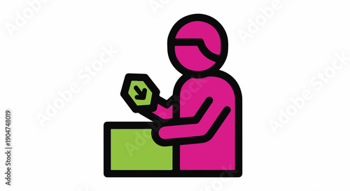 Person holding a green hexagonal object with a downward arrow inside, standing next to a green box, representing logistics or delivery