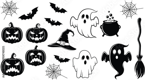 Halloween doodle set with spooky ghosts, jack o lantern pumpkins, bats, witch hat, cauldron and spider web, black vector illustration, cad drawing flat vector illustration