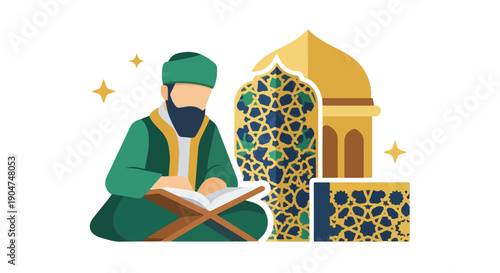 Muslim scholar in traditional attire studying the Quran next to an Islamic architectural element and mosque dome