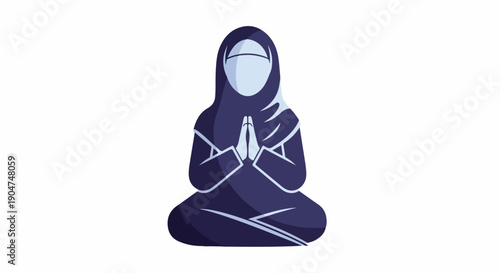 Muslim woman in hijab praying or meditating, sitting cross-legged in a peaceful pose, a spiritual icon representing faith and tranquility.