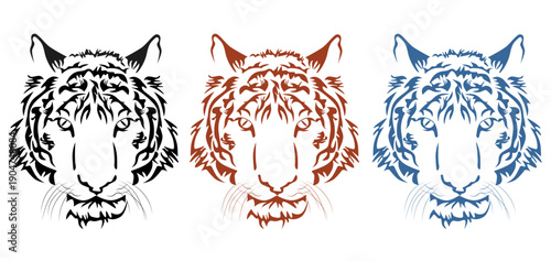 Hand-drawn tiger tattoo sketch. A three-color tiger on a light background. Tiger for backgrounds, tattoos, covers, coloring books, and books.