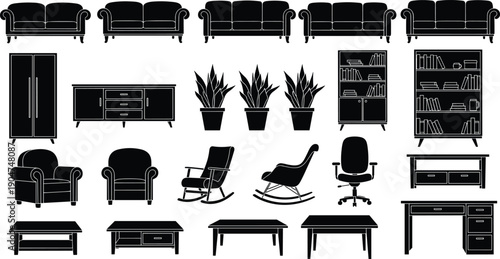 Home furniture silhouette set, modern living room interior icons, office desk and chair collection, house decor elements, black flat vector illustration, cad drawing flat vector illustration
