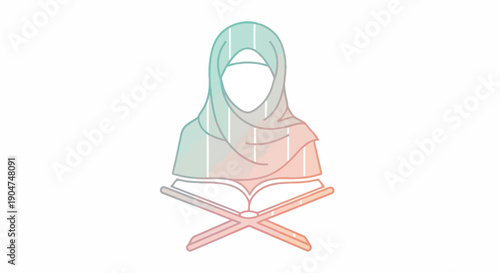 Muslim woman in hijab reading the Quran, an elegant line art illustration with a modern gradient color scheme, symbolizing faith, education, and devotion.