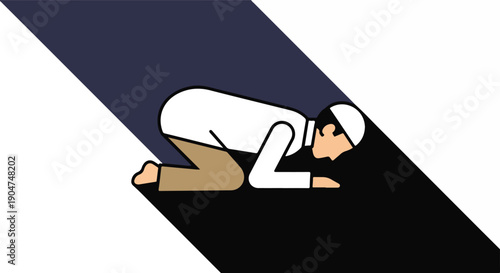 Minimalist flat illustration of a Muslim man in prostration (sujud) during prayer, symbolizing Islamic faith, devotion, and spirituality.