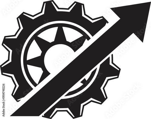 Industrial engineering gear with growth arrow icon, mechanical progress concept, technical machinery optimization, black flat vector illustration, cad drawing flat vector illustration