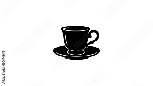 A solid black silhouette of a classic teacup resting on a saucer, featuring a simple and elegant curved handle.
