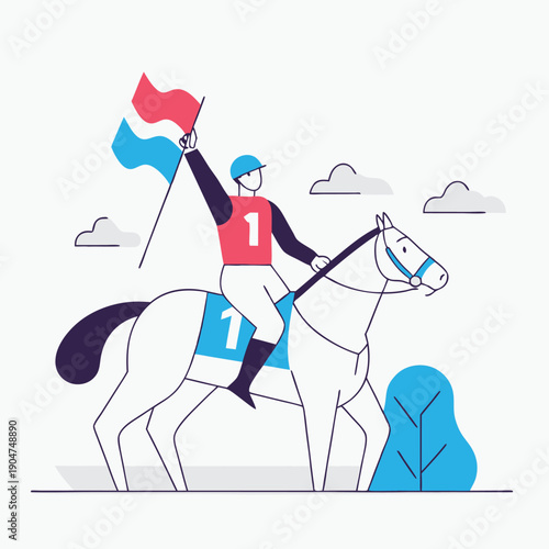 Horse Racing Win Victory Flag Success Champion Racer Jockey Number 1 Achievement Winner's Ride Equestrian Competition Flat Line Art