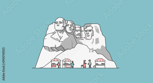 Mount Rushmore National Memorial with souvenir stands and visitors, illustrating a popular tourist destination and historical monument in South Dakota, USA