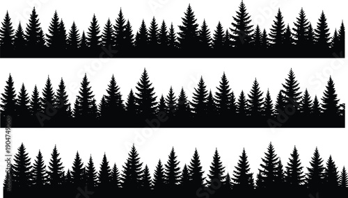 Pine forest silhouette border set, evergreen tree line landscape, coniferous woods panorama, nature outdoor park scene, black flat vector illustration, cad drawing flat vector illustration