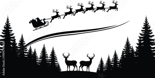 Santa Claus flying in sleigh with reindeer over winter forest silhouette, Christmas night landscape, holiday celebration vector, festive seasonal decoration, cad drawing flat vector illustration