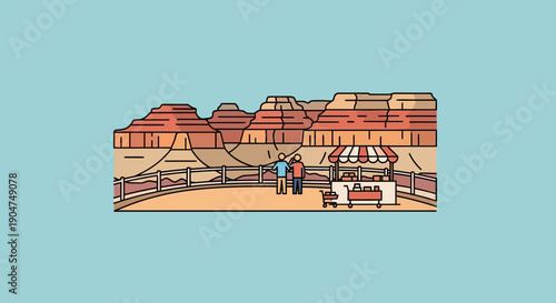 A tourist couple at a scenic overlook with a small food stand, observing the majestic Grand Canyon's layered rock formations under a clear blue sky, embodying adventure and exploration